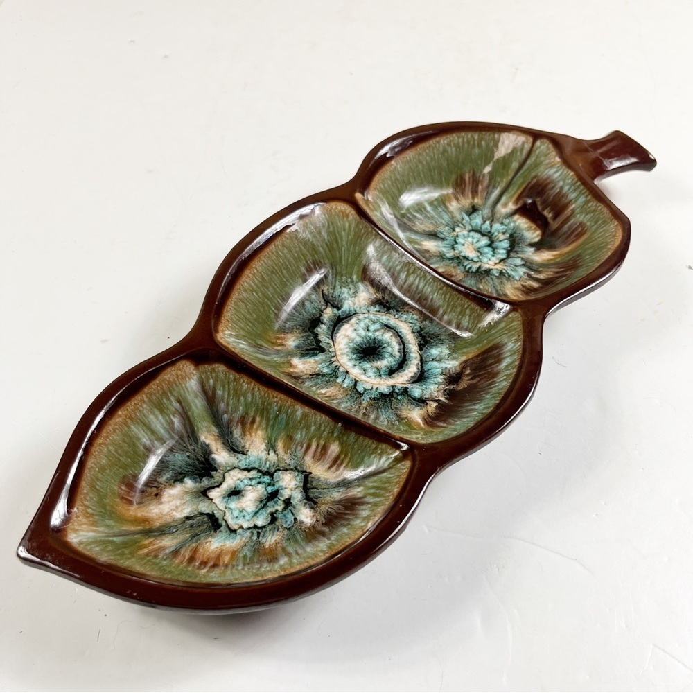Vintage Japan Divided Dish Leaf Brown Green Retro Kitsch Decor Autumn Fall 70s